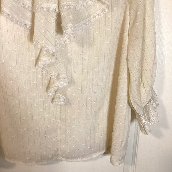 Suomiaoke Women's Blouse Ruffles Feminine Cream Lace Office Business Clothes - Picture 3 of 10